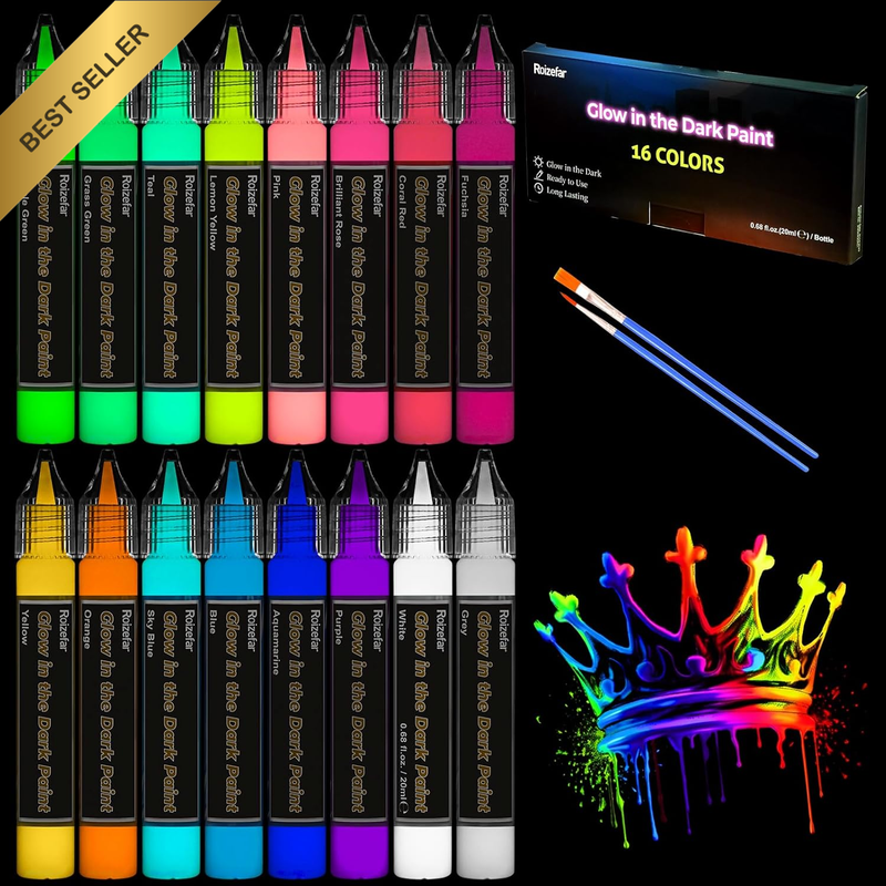 Fabric Paint, 16 Colors Glow in the Dark Paint, 3D Permanent Acrylic Textile Pai