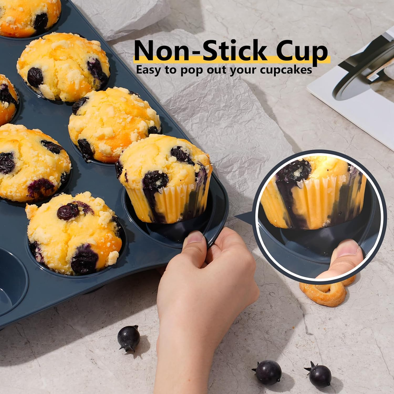 2 Pack Silicone Muffin Baking Pan & Cupcake Tray 12 Cup - Nonstick Cake Molds/Ti
