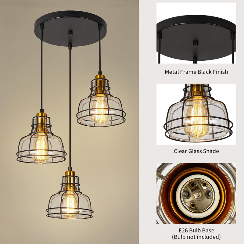 3 Light Industrial Kitchen Island Glass Pendant Ceiling Lighting Farmhouse