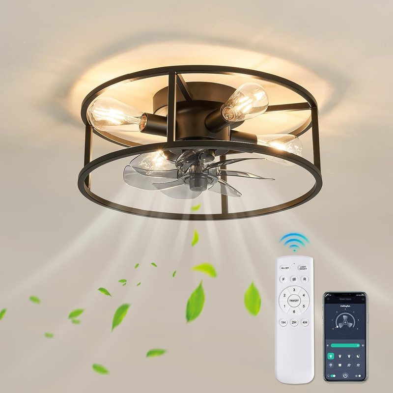 Black Caged Ceiling Fan with Lights Flush Mount Ceiling Fan with Remote Control 18 Inch Industry Metal Low Profile Fan for Farmhouse Dining Room Bedroom Kitchen Living Room