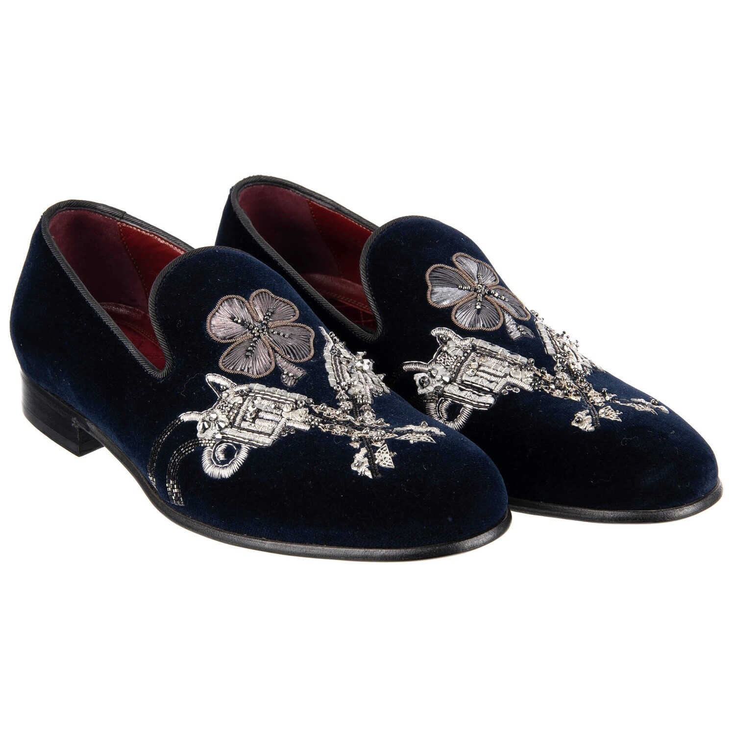 Pre-owned Dolce & Gabbana Pistols Flowers Embroidery Velvet Loafer Shoes Milano Blue 08596