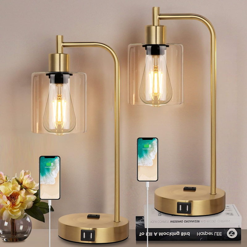 Set of 2 Industrial Touch Control Table Lamps with 2 USB Ports and 2 AC Outlets, 3-Way Dimmable Bedside Nightstand Reading Lamps with 2700K LED Bulbs, Glass Desk Lamp for Living Room,Bedroom