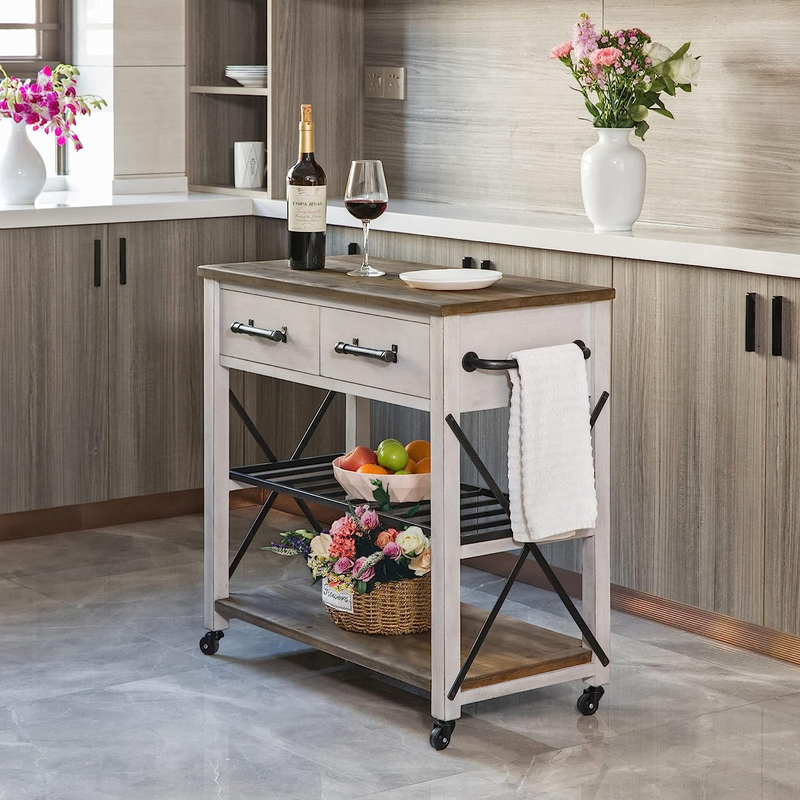 Off-White and Brown Aurora Kitchen Cart, Coffee Bar and Microwave Stand, Island