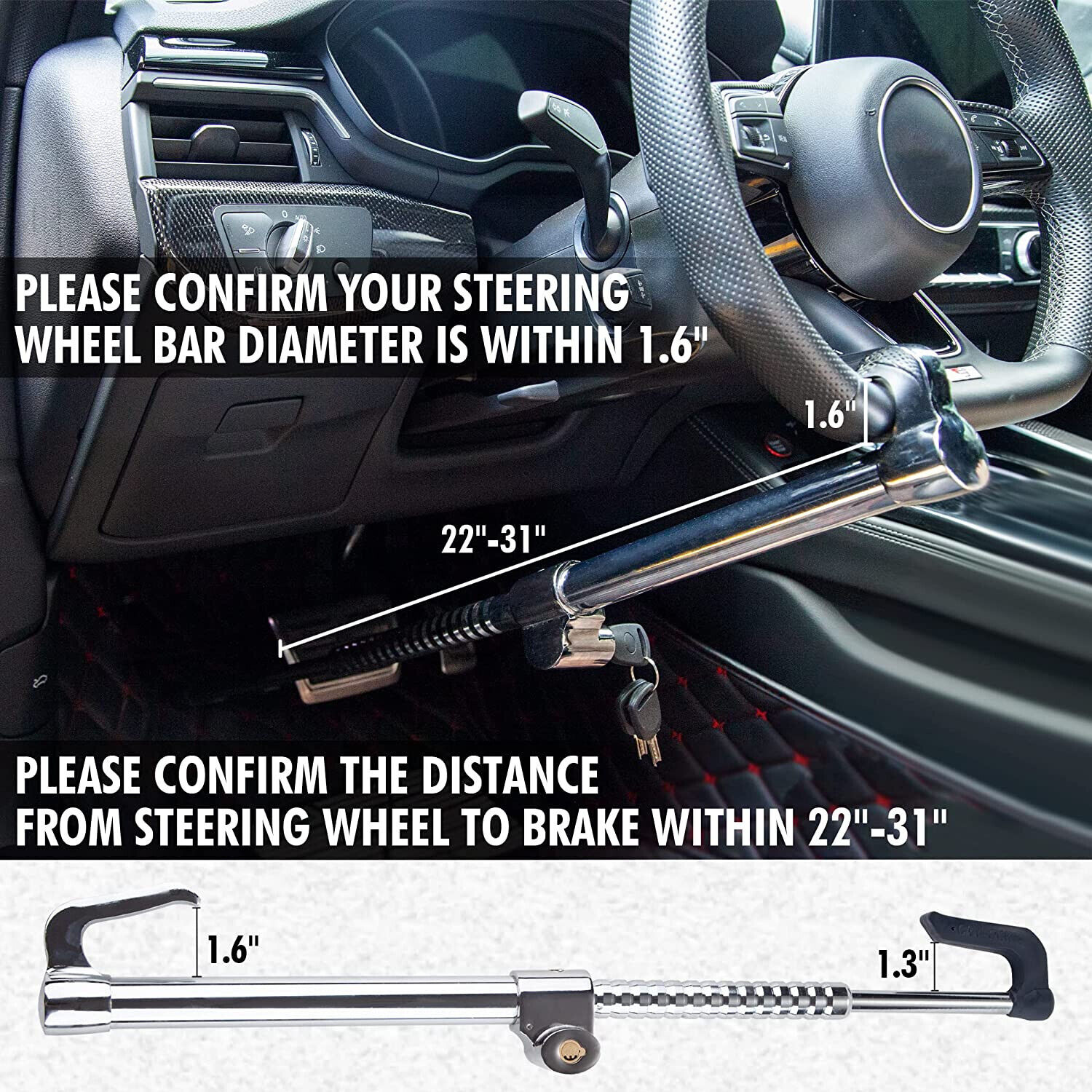 Steering Wheel Lock Bar,Heavy Duty Anti-Theft Security Brake Pedal Lock w/3 Keys