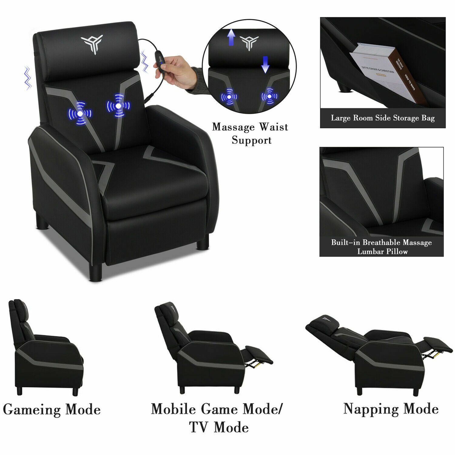 Racing Gaming Massage Sofa Chair Recliner Footrest Leather Living Room Seating