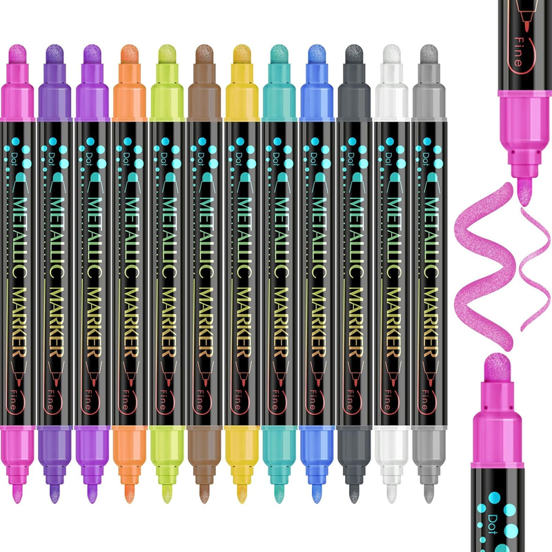 Glitter Markers, 12 Colors Premium Metallic Paint Pens, Dual Tip Metallic Marker