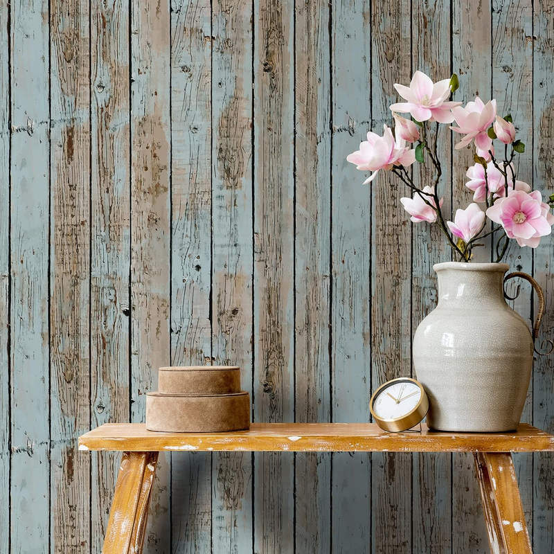 17.7''X100'' Blue Distressed Wood Plank Wallpaper Peel and Stick Shiplap Wallpap