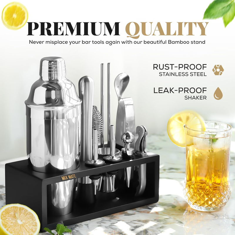 Mixology Bartender Kit with Stand | 15 Piece Bar Tool Set, Silver Bar Set Cockta