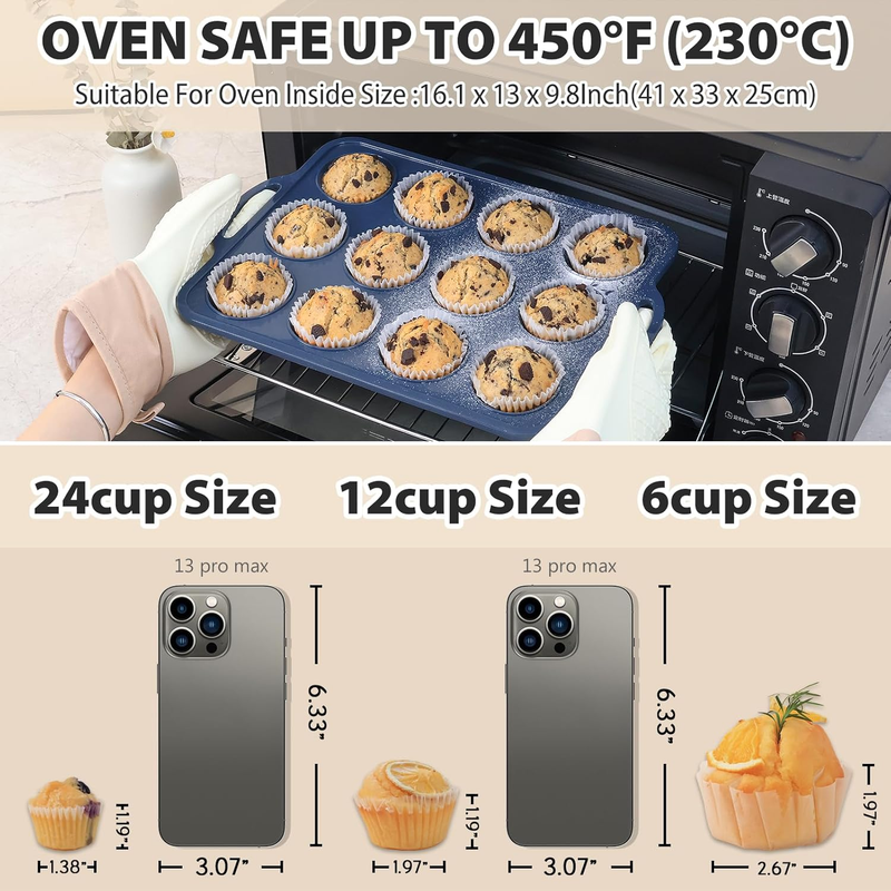 Silicone Muffin Pan with Metal Frame, Non Stick Silicone Cupcake Pan with Handle