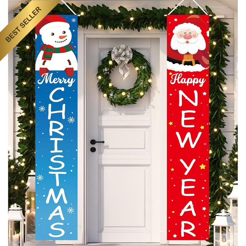 Merry Christmas Santa Snowman Porch Sign Banner Set Indoor Outdoor Decor