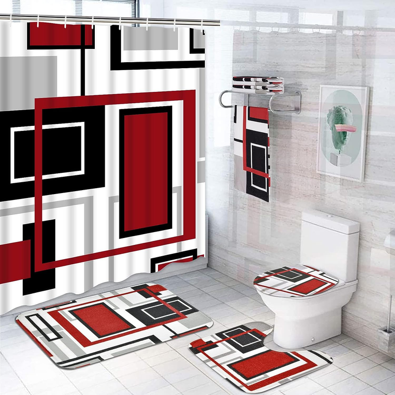 7 Piece Red Geometric Shower Curtain Set with Rugs and Towel, Include Non-Slip R