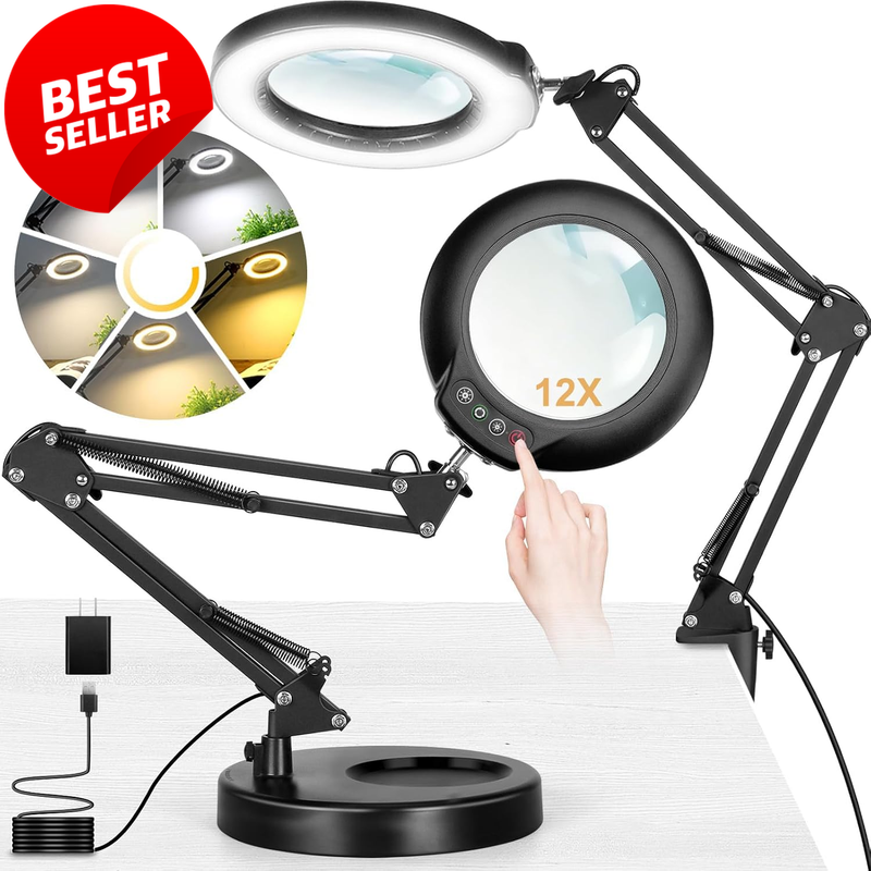 12X Magnifying Glass Lamp Stand & Clamp Real Glass LED Dimmable - US