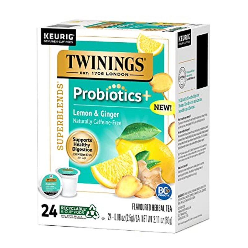 Twinings Probiotics+ Lemon & Ginger Herbal Tea, Supports Digestive Health, K-Cup