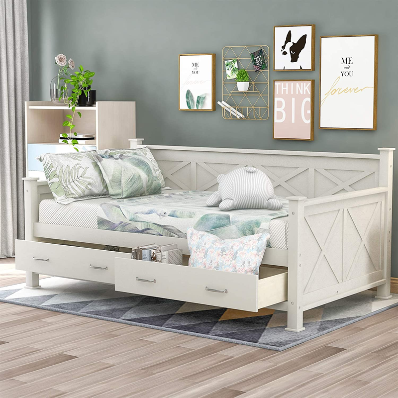Twin Size Daybed with Storage Drawers, Wooden Daybed with X-Shaped Frame, Modern