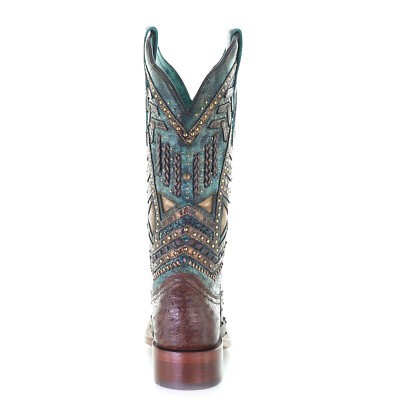 Pre-owned Corral Boots Corral Womens Vaquero Stud Cowboy Boots Ostrich Brown/turquoise