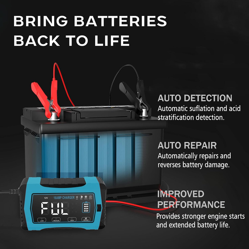 16 Amp Battery Charger, 6V/12V/24V LiFePO4 Lead-Acid Lithium Portable Car Batter