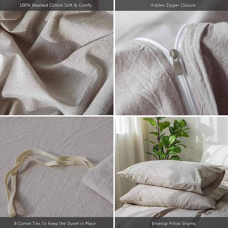 Bedding Duvet Cover Set 100% Washed Cotton Linen like Textured Breathable Durabl