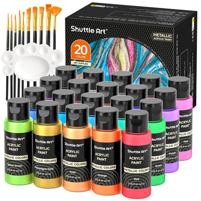 Shuttle Art Metallic Acrylic Paint Set, 20 Colors Metallic Paint in Bottles (...