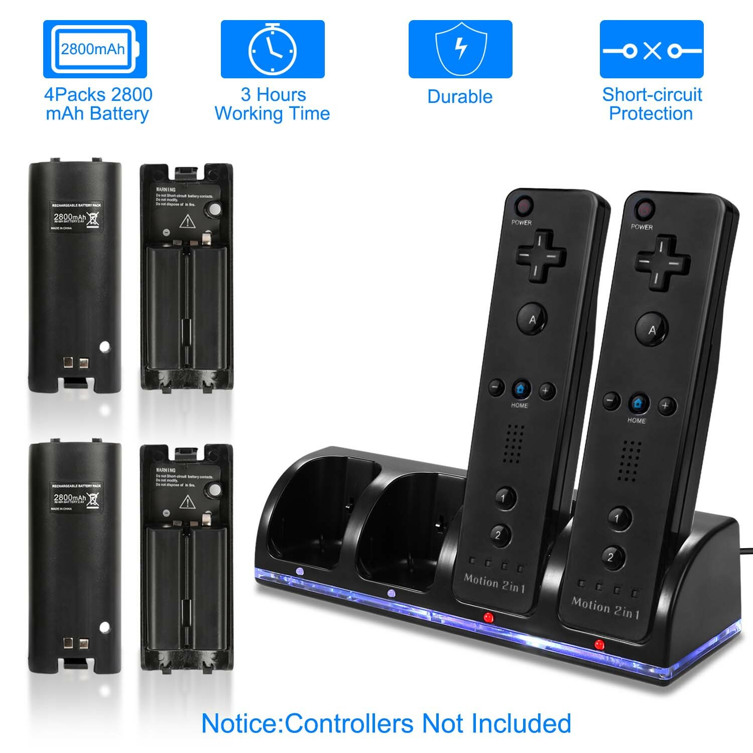 4 Charger Charging Dock Station +4 Battery For Wii/Wii U Game Remote