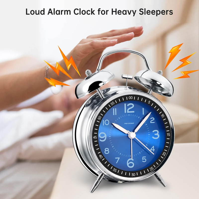 Peakeep Loud Alarm Clock for Heavy Sleepers Adults, Metal 4 Inches Twin Bell Bat