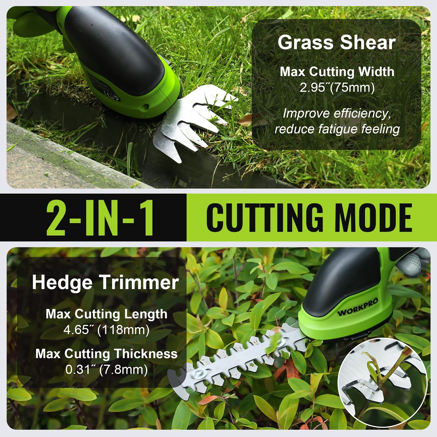 WORKPRO Cordless Grass Shear Shrubbery Trimmer 2-in-1 Hedge Shears/Grass Cutters