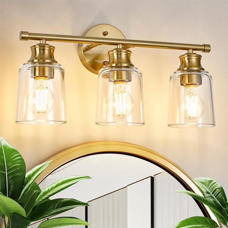 Gold 3-Light Vanity Light Fixture with Clear Glass Shade for Bathroom & Bedroom
