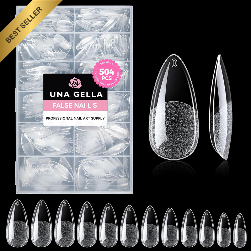 Almond Gel Nail Tips, 504PCS Pre Etched Clear Fake Nails Tips Medium Almond Shap