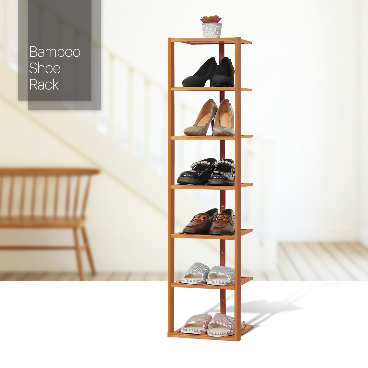 11"Bamboo Entryway[FREESTANDING SHOE RACK]High Heel Storage Stand Corner Shelves