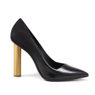 Pre-owned Ferragamo Salvatore  'bari' Black Leather Gold Column Heel Pumps 10 B $675