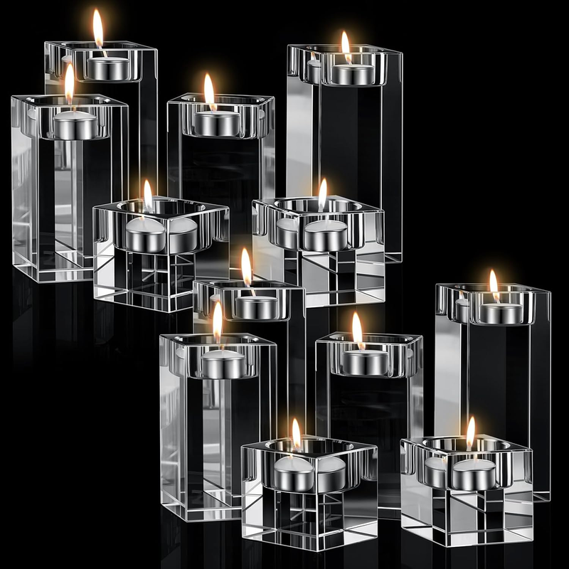 12 Pcs Crystal Candle Holders Clear Tea Light Candle Holders Square Candle Stand