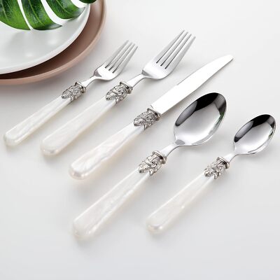 CATHYLIN Large Pearl White Flatware Set for 4 20 Piece Stainless Steel Cutlery