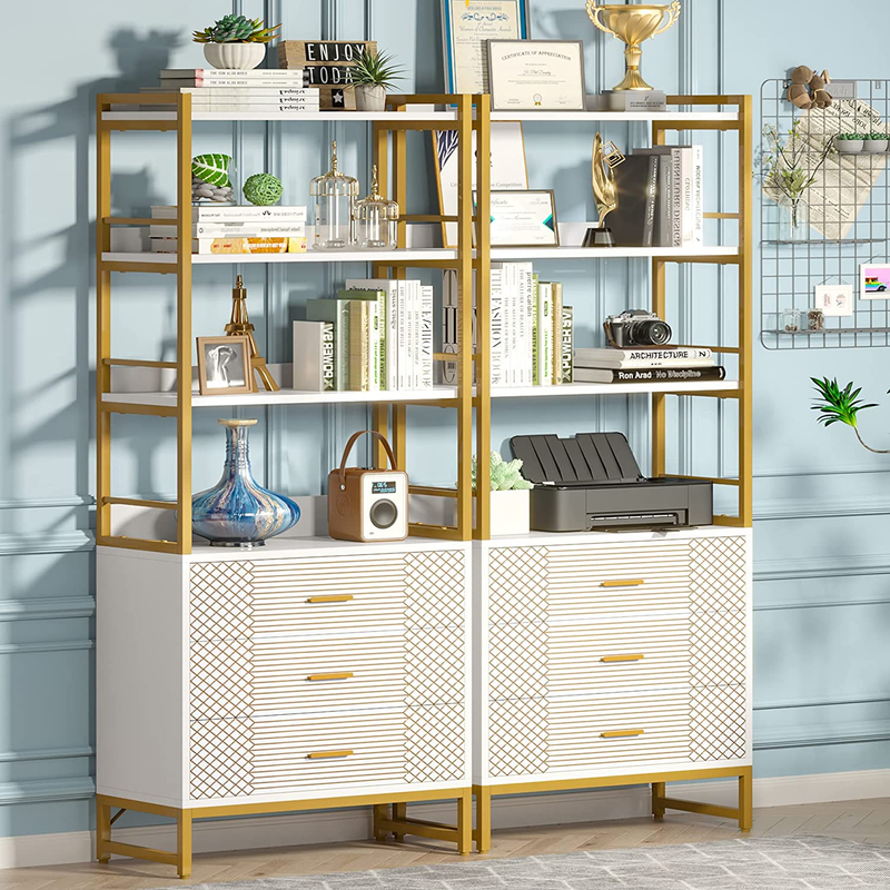 3-Drawer Bookshelf Set of 2, Tall Ladder Shelf Bookcase with Storage, Modern Gol