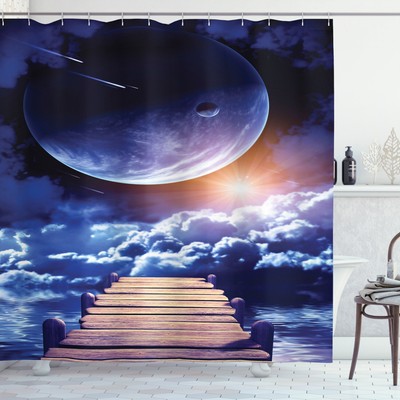 Outer Space Fantasy Meteor Rain Wooden Dock Sunlight Print Fabric Shower Curtain