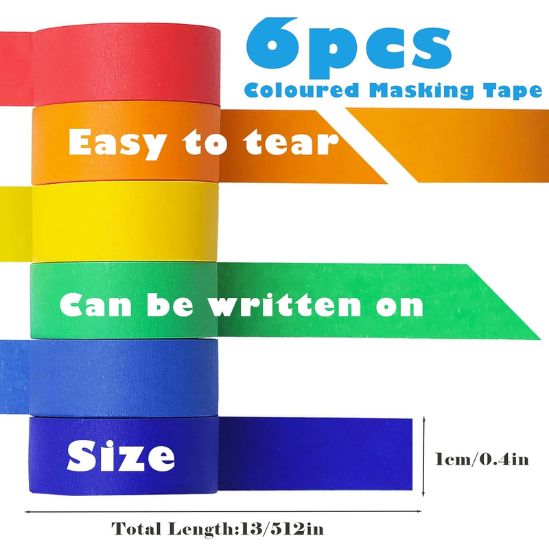 6 Rolls Colored Masking Tape, Colorful Craft Tape for Vibrant Rainbow Color Teac