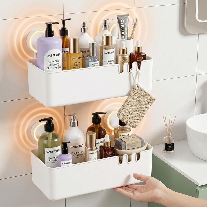 Shower Caddy Suction 2 Pack, Drill-Free Removable Bathroom Organizer, Plastic St