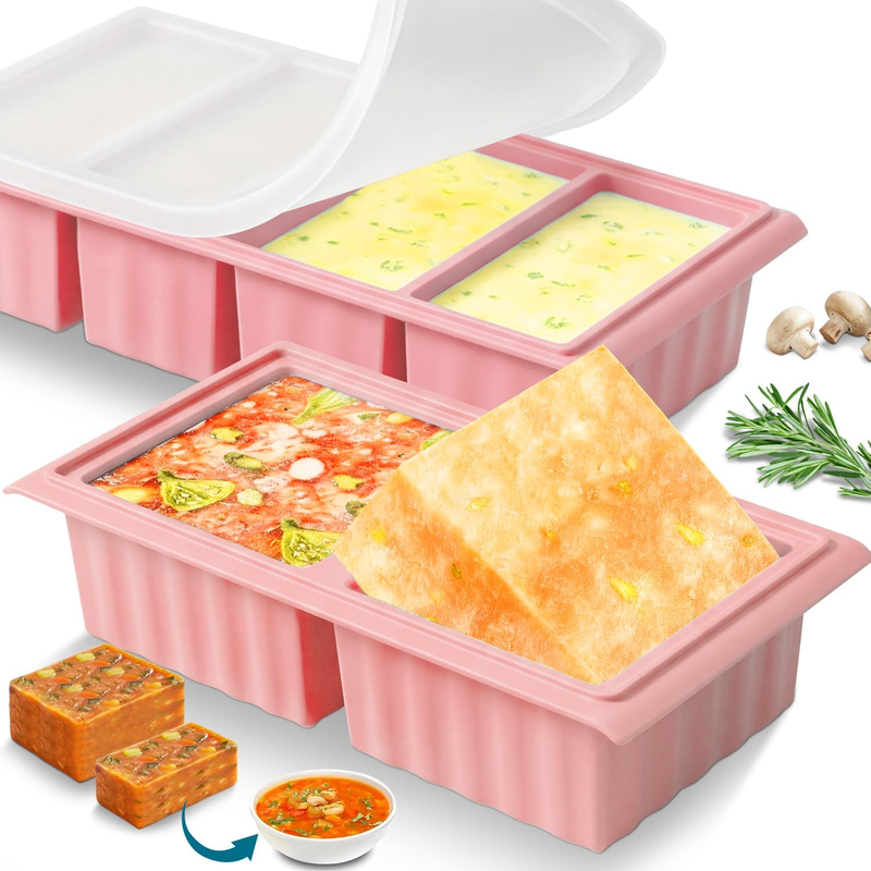 Silicone Freezer Tray with Lid: 2 Pack Soup Freezer Containers Moulds - Ice Cube
