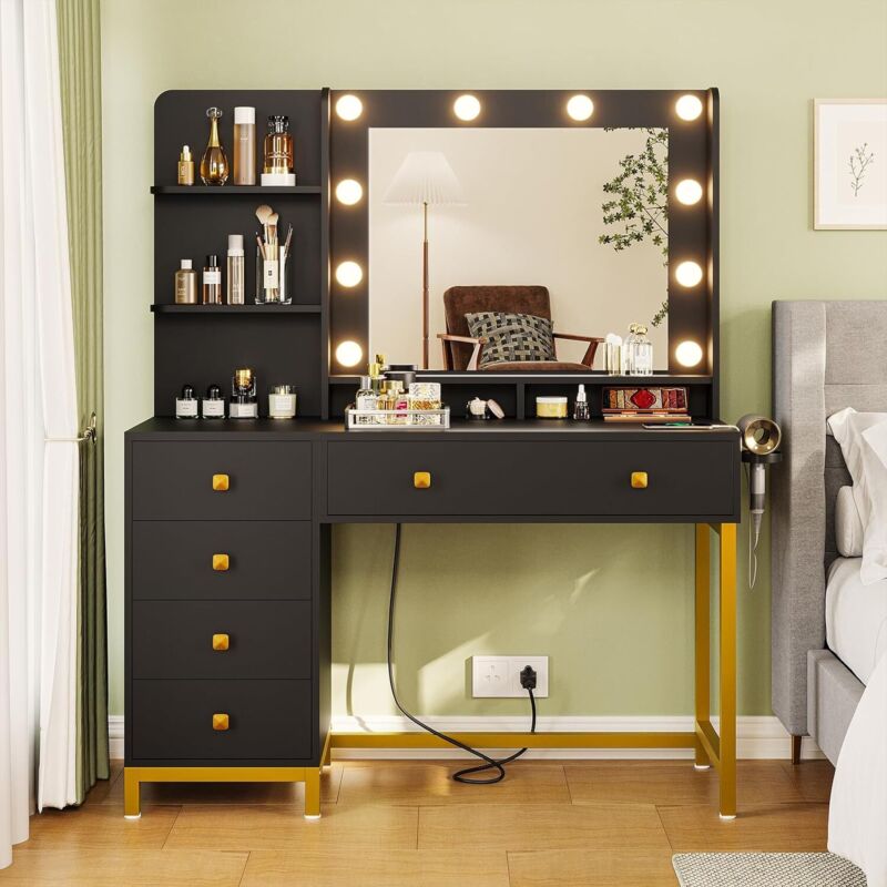 Vanity Desk With Mirror And Lights, Makeup Table With Charging Station,5 Drawers