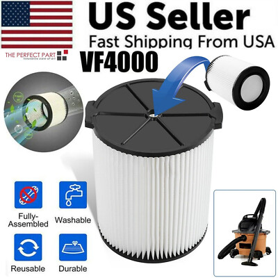 1x VF4000 Replacement For RIDGID Washable Vacuum Garage Shop Vac Pleated Filter