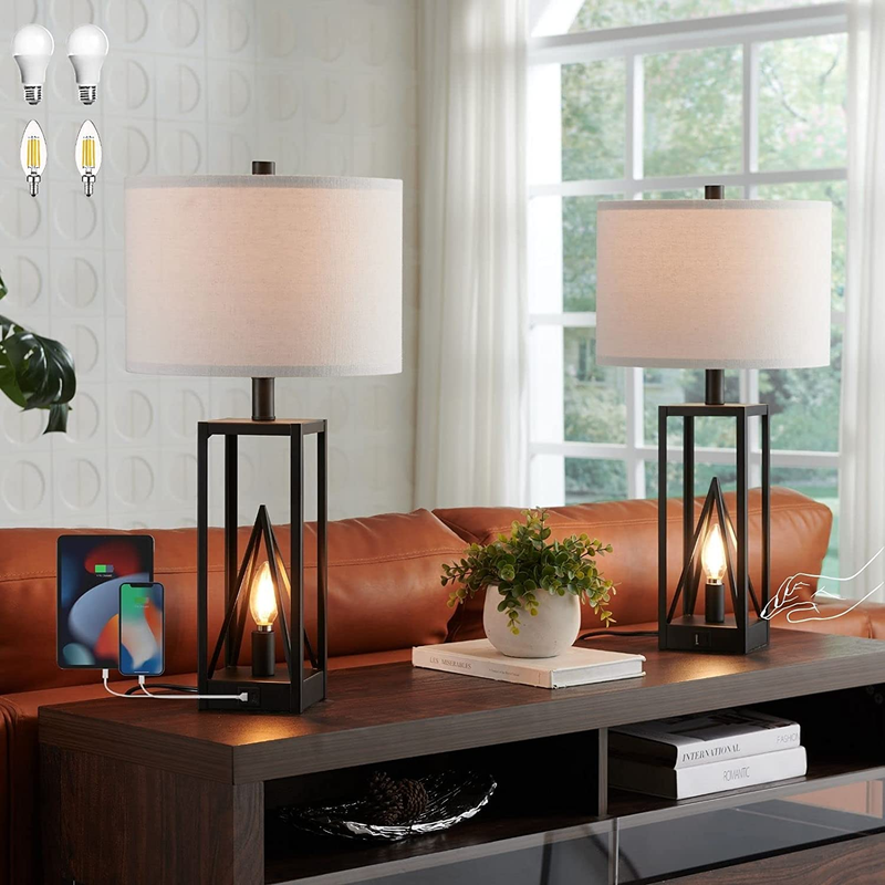 Farmhouse Table Lamps & USB Ports and AC Outlet, 3-Way Dimmable Nightstand Lamp