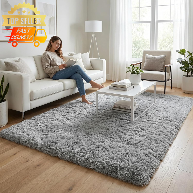 Grey Shaggy Area Rug 4x6 Soft Plush Carpet for Bedroom Nursery Home Decor