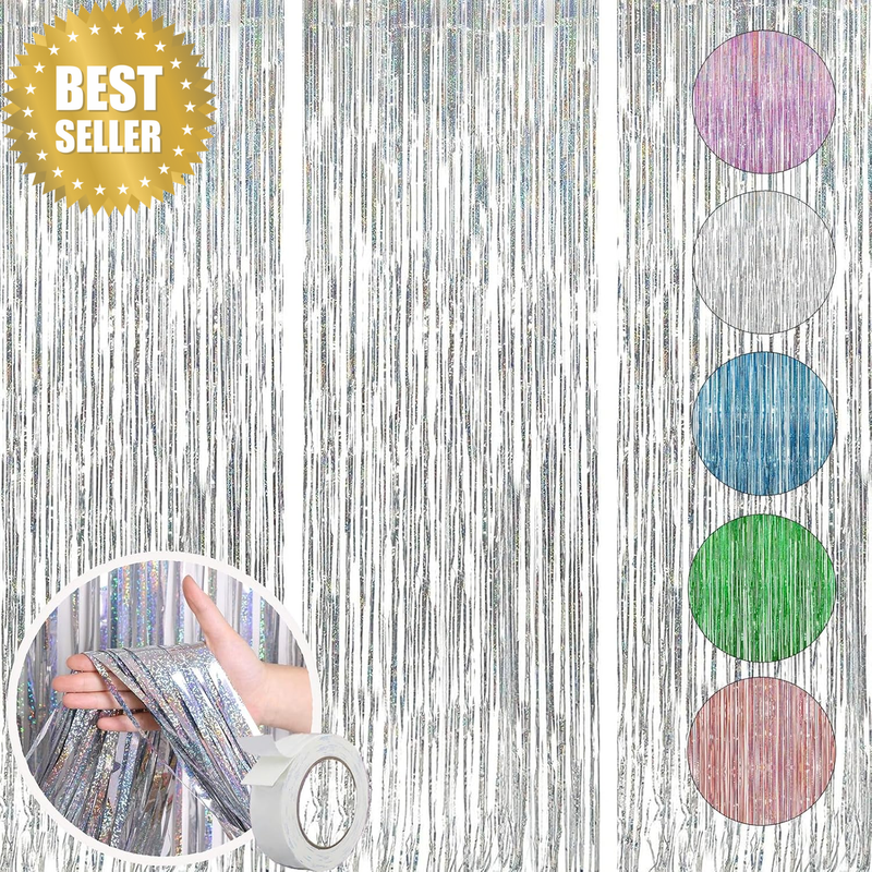 3 Pack Silver Foil Fringe Curtain Metallic Tinsel Backdrop Party Decor