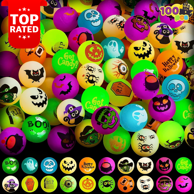 100 PCS Halloween Glow in Dark Bouncing Balls 20 Designs Party Favors Supplies