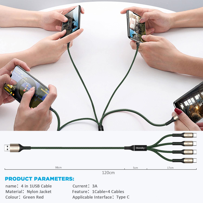 2Pack 4FT Multi Charging Cable ，USB C Splitter Cable，4 in 1 Fast Charging QC3.0