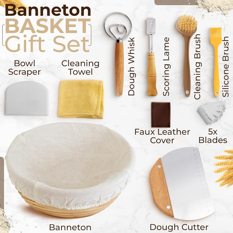 Sourdough Bread Starter Kit - Round 9 Inch Banneton Proofing Basket Set with Clo