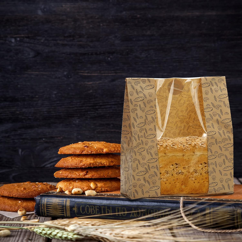 100 Pack Paper Bread Bags with Clear Window, 10.8"x10"x4" Kraft Bakery Bags with