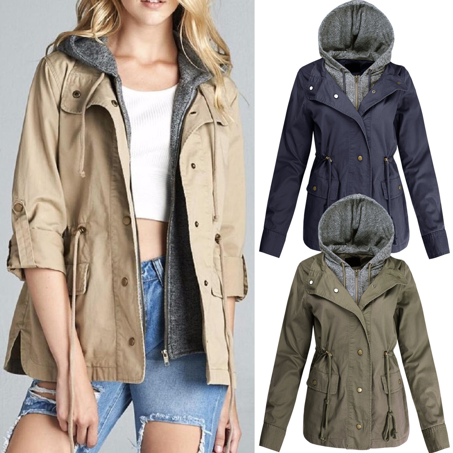 Women's Grey Jersey Layered Hooded Military Utility Jacket Women's Grey Jersey Layered Hooded Military Utility Jacket