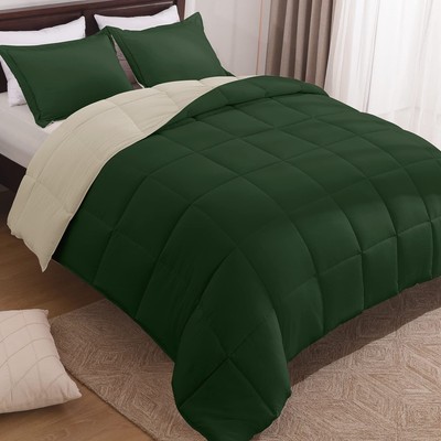 Basic Beyond King Size Comforter Set - Washed Microfiber Forest Green and Ivo...