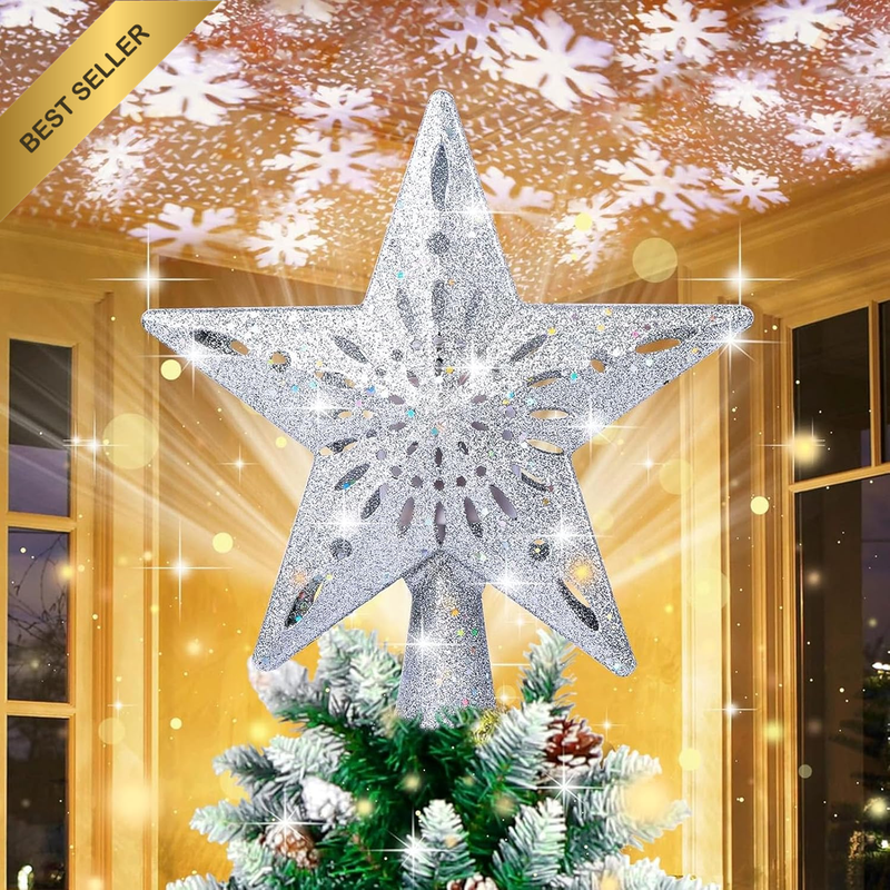 Silver Christmas Star Tree Topper LED Rotating Snowflake Projector
