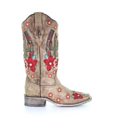 Pre-owned Corral Boots Corral Womens Cactus Flowers Cowboy Boots Leather Tan In Brown