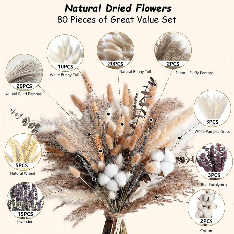 80 Pcs Natural Dried Flowers Pampas Grass Decor, Reed Vase Home Decor, Boho Deco